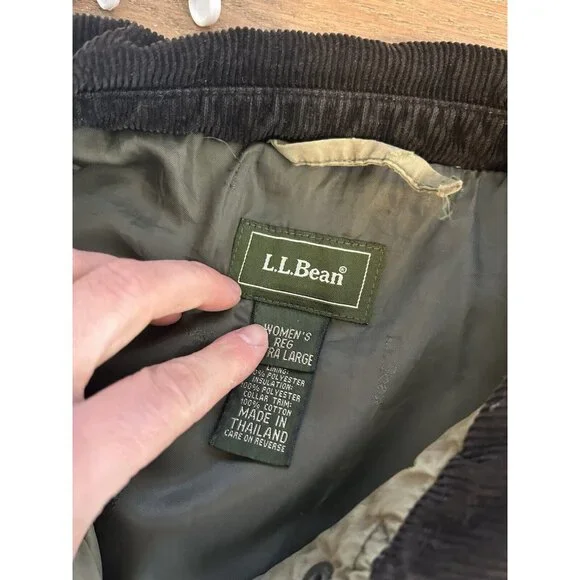Vintage 90s L.L. Bean Quilted Corduroy Collar Barn Chore Coat Green - Picture 2 of 10